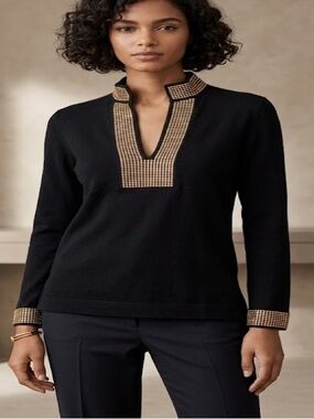 Tory Burch merino wool V-Neck Sweater with Gold gemstones Trim